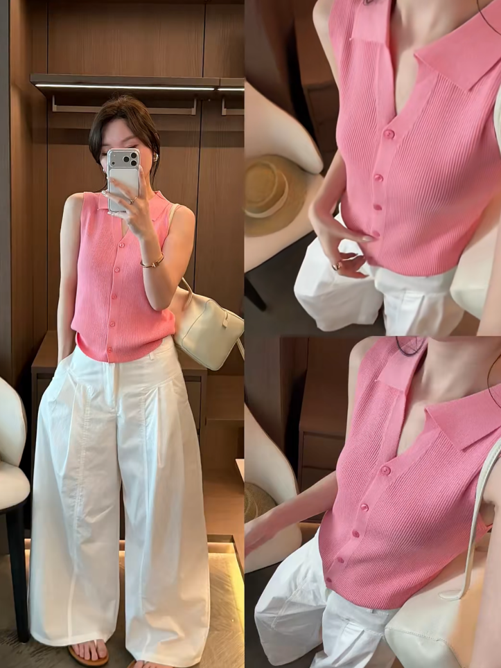 한국 스타일 polo 폴로 칼라 싱글 줄 버튼 민소매 니트 조끼 여성 2026 여름 다용도 몸매 가꾸기 슬림해 보이는 쇼트 스타일 맨위