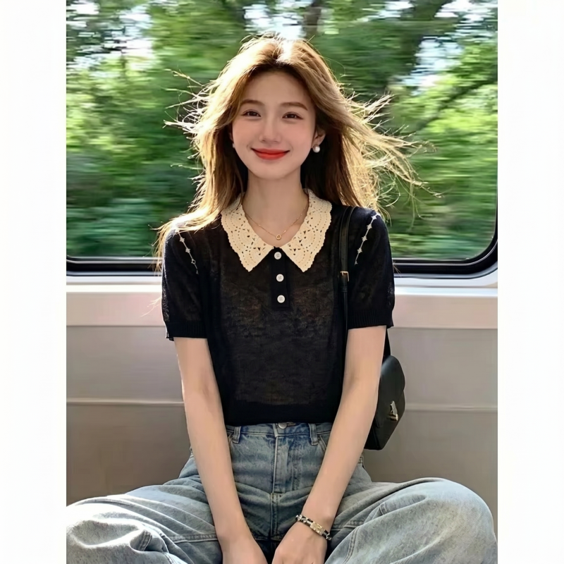 2026 여름 새로운 유럽 상품 홀로우 아웃 베이비 칼라 반팔 니트 스웨터 여성 루즈핏 슬림해 보이는 Feifei 소매 티셔츠 맨위