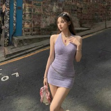批发COOLLINE林子熙 紫玉髓 招牌封神裙 绝美显白长短款挂脖针织裙