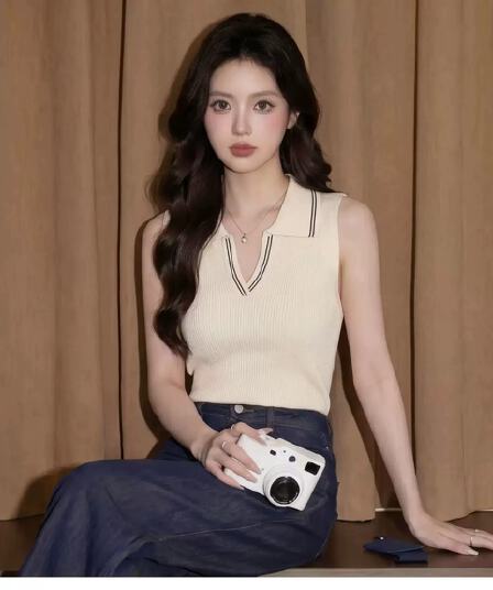 주황색 POLO 칼라 민소매 캐미솔 여름 도파민 태국 사람 스타일 고유 한 아름다운 아름다운 해변가 외출용 맨위