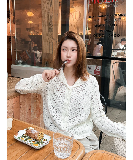 2026 년 일본식 미니멀리즘 무거운 작업 수공 크로 셰 뜨개질 레이스 폴로 칼라 홀로우 아웃 긴팔 오픈 가디건 여성 뜨개질 얇은 맨위