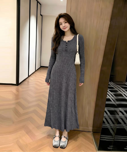 새로운 롱 스커트 몸매 가꾸기 슬림해 보이는 단색 느긋한 바람 가을 겨울 니트 허리 수축 여성 드레스 이리저리 떠다니다 번쩍였다 조각 치마