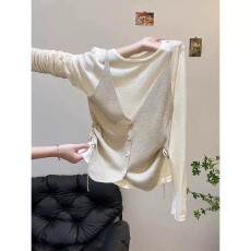 批发独特漂亮撞色假两件针织内搭<b class='q'>打底衫</b>抽绳收腰<b class='q'>长袖</b>绝美上衣韩系chic