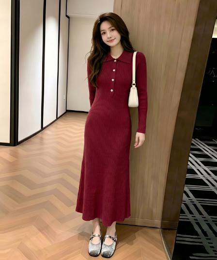 레트로 빨간색 항구 바람 폴로 칼라 니트 여성 드레스 2026 가을 새로운 고급 센스 품격 슬림해 보이는 레트로 롱 스커트
