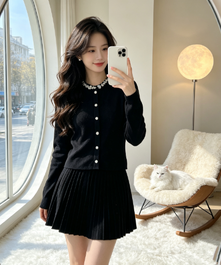 프랑스식 명문 여성 작은 샤넬 스타일 니트 오픈 가디건 스웨터 여성 코트 가을 겨울 품격 맨위 플리츠 반신 스커트 투피스 세트