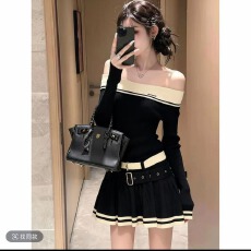 批发韩系绝美一字肩针织连衣裙女秋<b class='q'>冬</b>新款高级感精致修身显瘦百搭裙子