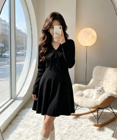 그는 벤 바람 작은 검은 드레스 2026 년 한 부서 가을 겨울철 슬림해 보이는 미니멀리즘 레이스업 검정색 품격 니트 여성 드레스
