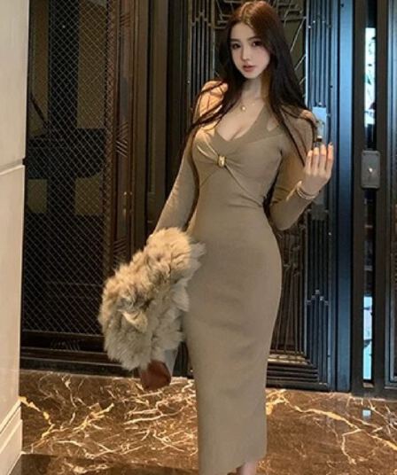 해체주의 페이크 레이어드 행침 목 여성 드레스 겨울 몸매 가꾸기 순수한 욕망 허리 수축 니트 롱 스커트