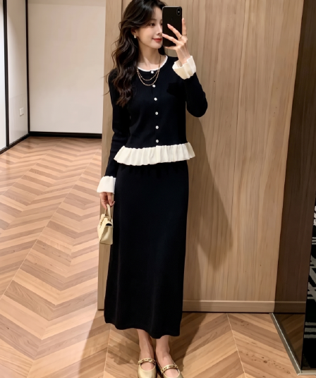 그는 벤 바람 검정색 작은 드레스 명문 여성 패션 품격 연령 감소 라운드 넥 프릴 긴팔 반신 스커트 투피스 슈트