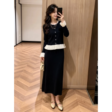 批发赫本风黑色<b class='q'>小礼服</b>名媛时尚气质减龄圆领荷叶边长袖半身<b class='q'>裙</b>两件套装