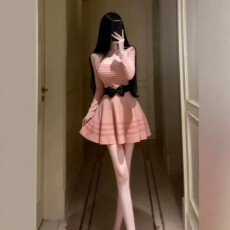 批发法式温柔风巨好看的蝴蝶结针织<b class='q'>连衣裙</b>漂亮独特收腰蓬蓬短裙26秋季