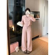 批发韩系少女粉翻领两件套2026秋季<b class='q'>修身</b>显瘦上衣高腰直筒阔腿<b class='q'>裤</b><b class='q'>套装</b>