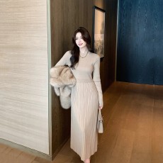 批发岛歌夫人法式百褶<b class='q'>中长</b>款内搭针织<b class='q'>连衣裙</b>女秋冬修身显瘦高腰打底裙