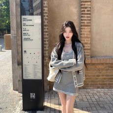 高品质 国民初恋 灰白珍珠纹针织收腰背心裙女宽松开衫两件套