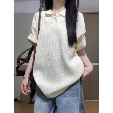 批发设计感小众肌理感POLO领短袖T恤女夏潮牌宽松半袖针织体恤上<b class='q'>衣服</b>