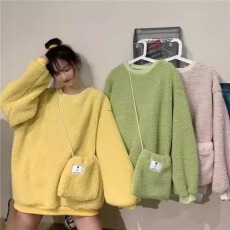 批发秋冬季新款薄款长袖卫衣【配包包】女仿羊羔绒加绒加厚宽松外套女
