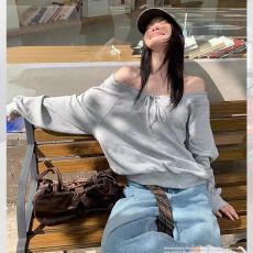 批发绑带斜肩宽松<b class='q'>卫衣</b>女新款秋季韩系慵懒风套头时尚感长袖上衣ins潮