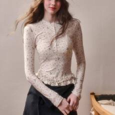 批发2026新款长袖春秋时尚百搭修身显瘦花边下摆<b class='q'>T</b><b class='q'>恤</b>印花上衣打底衫女