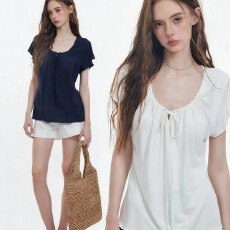 批发女装T恤<b class='q'>欧美</b>风网红爆款松弛度假缩褶系带显瘦短袖t恤女韩系上衣女