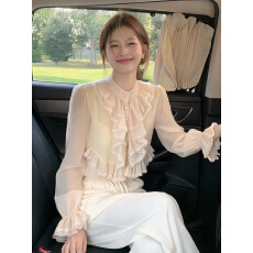 批发实价已保护 法式宫廷风气质<b class='q'>蕾丝</b>拼接荷叶边长袖<b class='q'>雪纺</b>衫女秋季上衣