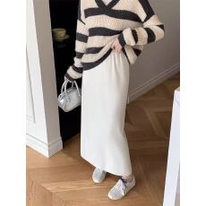 批发法式温柔风软糯奶白色后开叉<b class='q'>直筒</b><b class='q'>裙</b>女秋冬季垂感中长款针织包臀<b class='q'>裙</b>