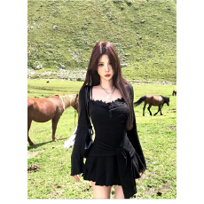 批发美式辣妹咖色假两件绑带长袖<b class='q'>连衣裙</b>女秋季修身显瘦收腰a字包臀裙