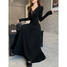 批发法式气质扭结v领长袖<b class='q'>连衣裙</b>减龄早秋季高级性感修身显瘦包臀长裙