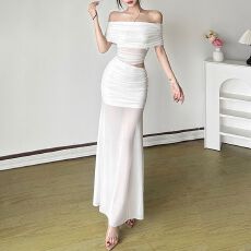 批发欧美2025春季新品女装气质优雅抹胸一字领拼接褶皱高腰<b class='q'>包臀</b>连衣裙