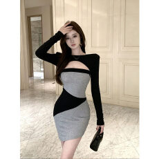 批发纯欲时尚设计撞色拼接性感抹胸不规则修身连衣裙长袖罩衫两件套女