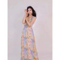 批发2026巨好看水墨画碎花吊带连衣裙夏日绝美仙女海边度假沙滩<b class='q'>长裙</b>子
