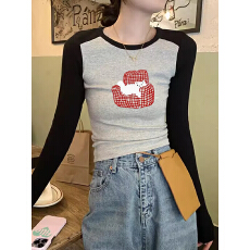 批发秋季美式复古字母印花<b class='q'>潮牌</b>撞色拼接内搭圆领修身小众百搭打底上衣