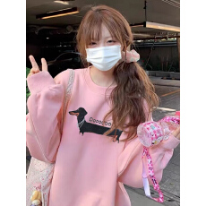 批发粉色无帽卫衣女秋冬款卡通腊肠狗宽松慵懒风加绒加厚别致上衣<b class='q'>外套</b>