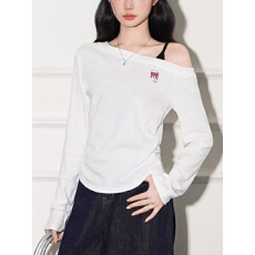 批发灰色斜肩拼接<b class='q'>吊带</b>长袖T恤女春秋新款修身显瘦辣妹露肩上衣<b class='q'>打底</b>衫