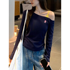 批发辣妹斜肩露肩设计感拼接<b class='q'>吊带</b>长袖T恤女春秋穿搭修身<b class='q'>打底</b>衫上衣女