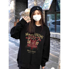批发秋冬新款黑色圆领<b class='q'>套头卫衣</b>女美式潮牌字母设计宽松加绒加厚上衣女