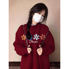 批发酒红色圆领卫衣女加绒加厚秋冬2026新年穿搭百搭宽松套头长袖上衣