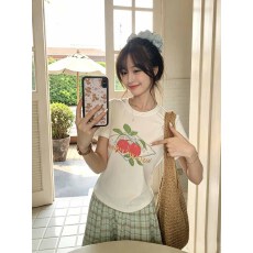 批发白色正肩圆领短袖T恤<b class='q'>女</b>装夏季<b class='q'>新款</b>韩系小众水果印花休闲百搭上衣