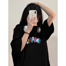 批发黑色圆领纯棉短袖T恤女<b class='q'>装</b>美式潮牌字母设计感休闲宽松百搭上衣女