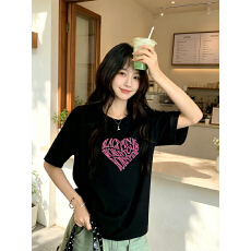 批发黑色圆领纯棉短袖T恤女<b class='q'>装</b>夏季新款美式爱心字母印花休闲宽松上衣