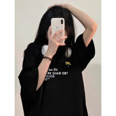 批发黑色圆领纯棉短袖T恤女<b class='q'>装</b>夏季新款美式潮牌字母印花休闲宽松上衣