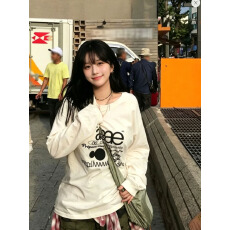 批发韩系白色圆领纯棉长袖T恤女<b class='q'>装</b>字母印花设计感时尚百搭宽松上衣女