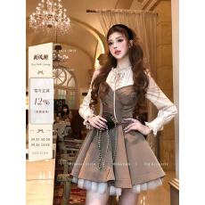 批发Lazy Didi中世纪公主 复古假两件拼缎面<b class='q'>连衣裙</b>宫廷拼纱收腰公主裙