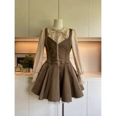 批发Lazy Didi中世纪公主 复古假两件拼缎面<b class='q'>连衣裙</b>宫廷拼纱收腰公主裙