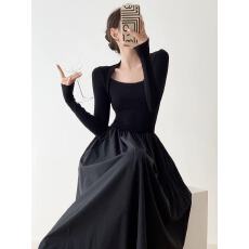 批发赫本风黑色<b class='q'>连衣裙</b>高级感秋冬法式气质长袖修身方领针织长款长裙