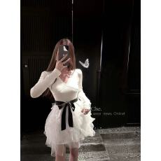 批发车迟恩Chien 法式公主生日小礼裙秋收腰长袖针织蕾丝网纱<b class='q'>连衣裙</b>女