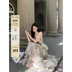 批发For Fay 晨露蔷薇园/法式度假风印花挂脖雪纺蛋糕长裙女V领连衣裙