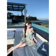 批发kubiliv【恋夏薄荷】法式少女蝴蝶结薄荷绿吊带短裙荷叶边连衣裙