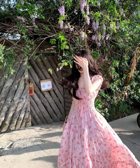 하나 달콤한 복숭아 yikett 모로코 정원 여름 꼬집기 허리 꽃무늬 여성 드레스 슬림해 보이는 원피스 치마