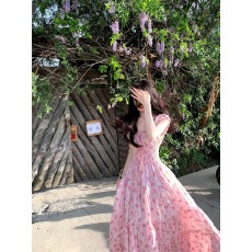 批发一颗甜桃yikett《摩洛哥花园》夏季掐腰碎花<b class='q'>连衣裙</b>女显瘦连身裙子