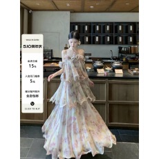 批发WalkinDark【紫烟萝】法式度假鱼线碎花雪纺蛋糕裙短袖吊带<b class='q'>连衣裙</b>